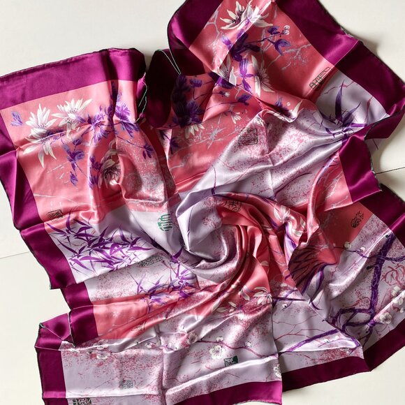 NWT Chen Xiao Pei Pink Mulberry Silk Square Scarf Signed Asian Floral Prints 41